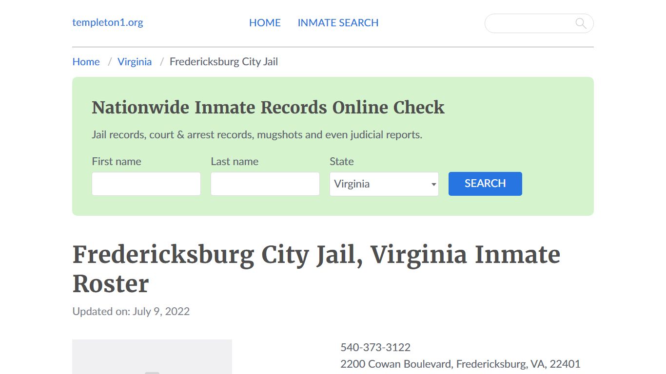Fredericksburg City Jail, Virginia Inmate Booking